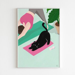 Cat Illustration, Yoga Wall Art Print, Funny Cat Art Poster, Printable Cat Art, Black Cat Art, Zen Wall Art image 1