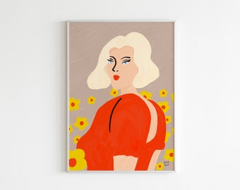 Women Wall Art, Digital Illustration, Female Poster, Women with Flower, Minimalist Art, Aesthetic room decor