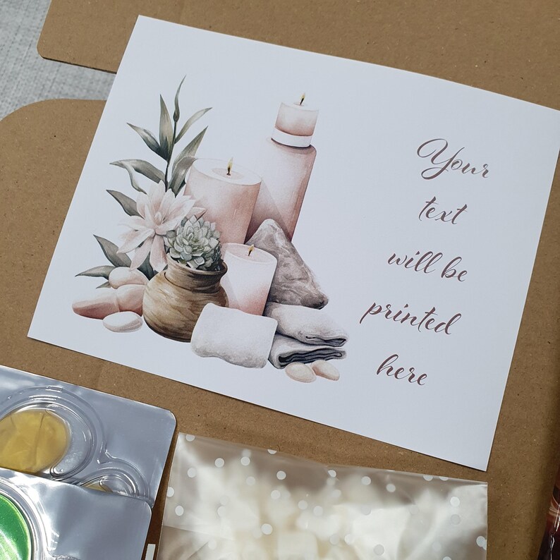 May include: A watercolor illustration featuring spa-themed elements. The image includes candles, stones, towels, and a small succulent in a pot. The text "Your text will be printed here" is displayed in elegant script.