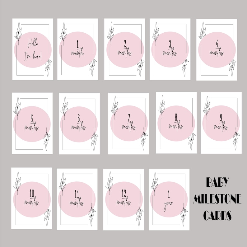 May include: A set of 12 baby milestone cards with pink and white backgrounds. Each card features a black outline of leaves and a circle with a number and the word "months" or "year". The cards are labeled "Baby Milestone Cards".