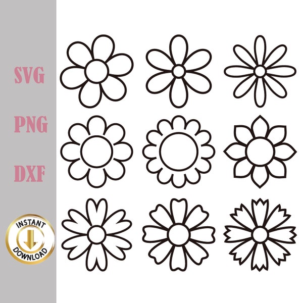 Simple flower outline svg Bundle, Gardening flower icon svg, Flat flowers clipart vector svg png dxf stencil cut file silhouette cricut