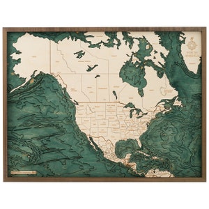 AMÉRIQUE DU NORD - Carte murale en bois 3D - Fabriquée à la main, bois naturel - 33 x 61 cm