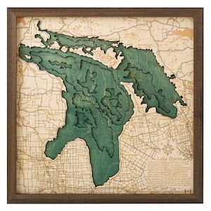 Carte murale en bois 3D du LAC HURON - Fabrication artisanale, bois naturel - 40 x 40 cm