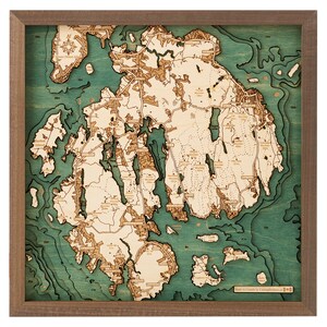 MOUNT DESERT ISLAND - Carte murale en bois 3D - Fabriquée à la main, bois naturel - 40 x 40 cm