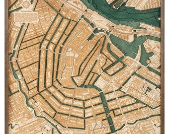 AMSTERDAM -  3D wood wall Map - Natural Wood, Handcrafted, 30 x 30 Inches