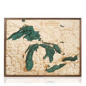 GRANDS LACS DU CANADA - Carte murale en bois 3D - Fabriqué à la main, Bois naturel, Manufactur - 32 x 24 pouces