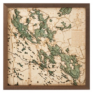 MUSKOKA LAKES CANADA - Carte murale en bois 3D - Fabriquée à la main, bois naturel - 40 x 40 cm