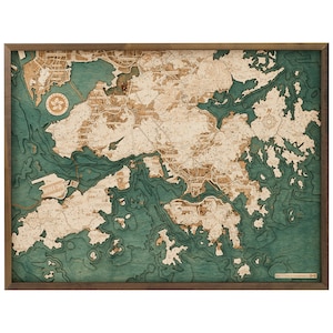 HONG KONG ASIE - Carte murale en bois 3D - Fabriqué à la main, Bois naturel, Fabrication - 32 x 61 cm