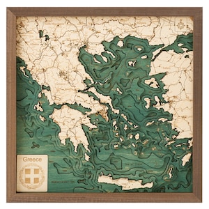 GRÈCE - Carte murale en bois 3D - Fabrication artisanale, bois naturel - 40 x 40 cm