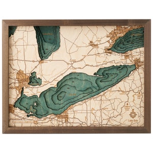 LAC ÉÉRIE CANADA - Carte murale en bois 3D - Fabriquée à la main, Bois naturel, Manufactur - 40 x 40 cm