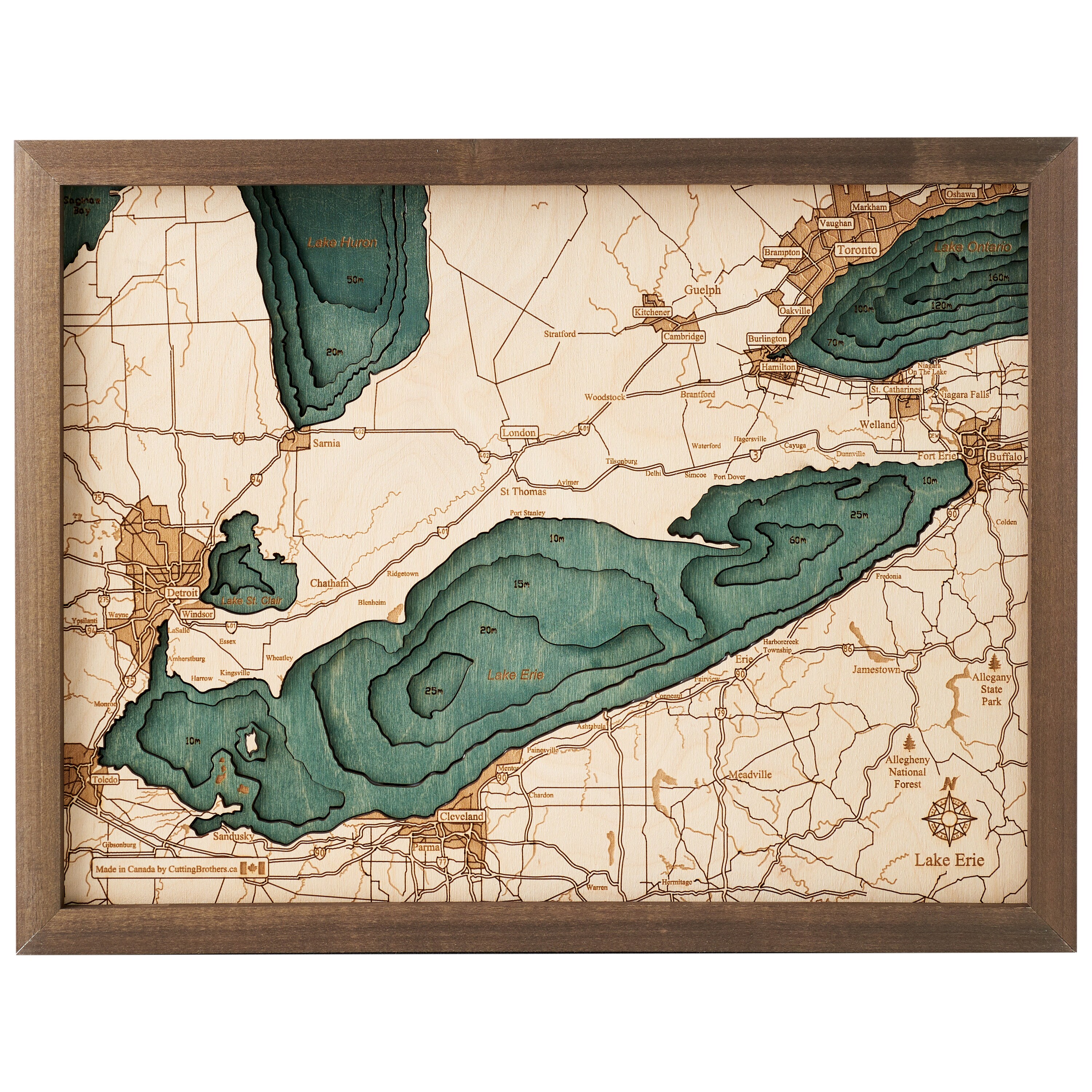 LAKE ERIE CANADA - 3D Wood Wall Map - Handcrafted, Natural Wood ...