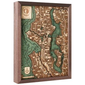 SEATTLE USA - Carte murale en bois 3D - Fabriquée à la main, bois naturel - 30 x 40 cm