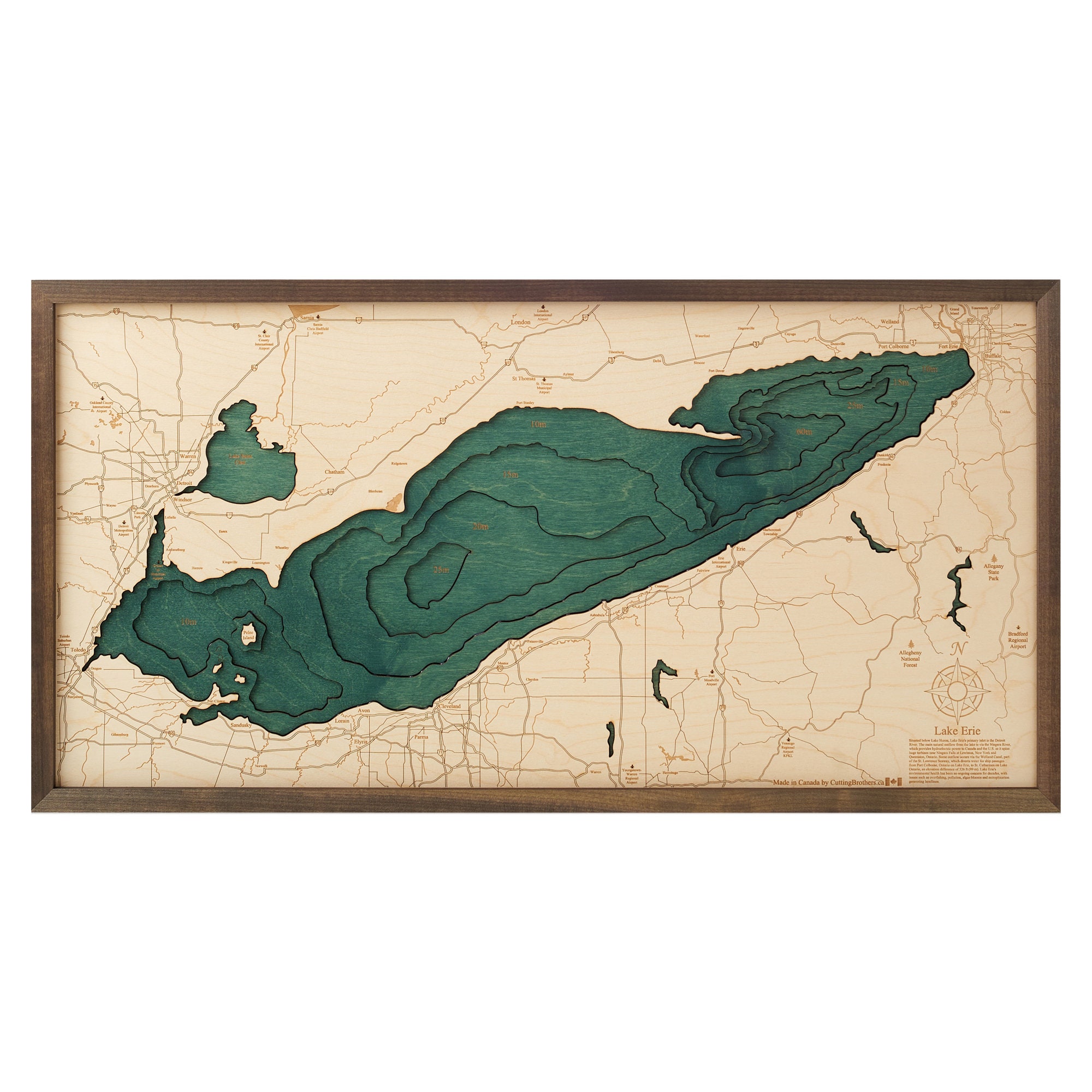 LAKE ERIE CANADA - 3D Wood Wall Map - Handcrafted, Natural Wood - 32 X ...