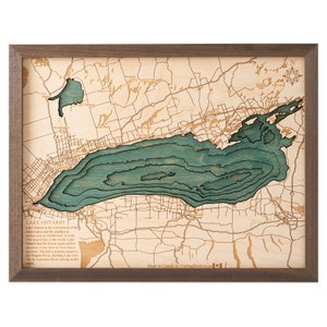 LAC ONTARIO CANADA - Carte murale en bois 3D - Fabriqué à la main, Bois naturel, Fabrication - 40 x 40 cm