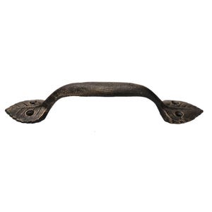 May include: A bronze cabinet pull with a curved handle. The ends are leaf-shaped, each with two mounting holes. The hardware has a rustic, antique appearance, suitable for furniture or cabinetry. The handle's length is approximately 15 cm.