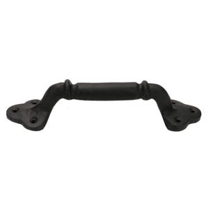 May include: A black cast iron handle with a curved design. The handle has a central grip and decorative ends with mounting holes. This hardware is suitable for doors, drawers, or cabinets.