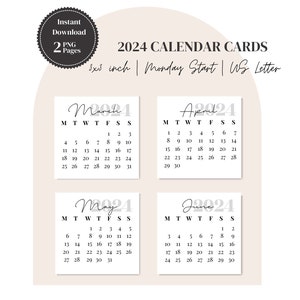 2024 Calendar, Mini Calendar Cards in Handwritten Font, Elegant Mini Size Printable Cards for Planner Bullet Journal and Memo Board, 3x3