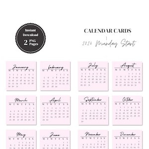 Printable Mini 2024 Calendar Sticker, 2024 3x3 Calendar Cards, Monthly Printable Planner Cards, Mini Calendar Cards, A4 Planner Cards