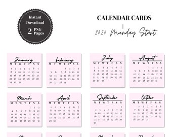 Printable Mini 2024 Calendar Sticker, 2024 3x3 Calendar Cards, Monthly Printable Planner Cards, Mini Calendar Cards, A4 Planner Cards