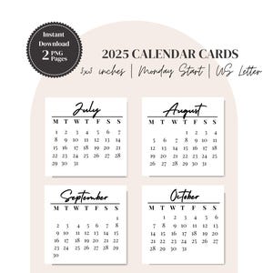 Minitarjetas de calendario 2025 en fuente manuscrita, planificador imprimible de estética minimalista, tarjetas imprimibles de tamaño pequeño para tableros de notas, asequibles
