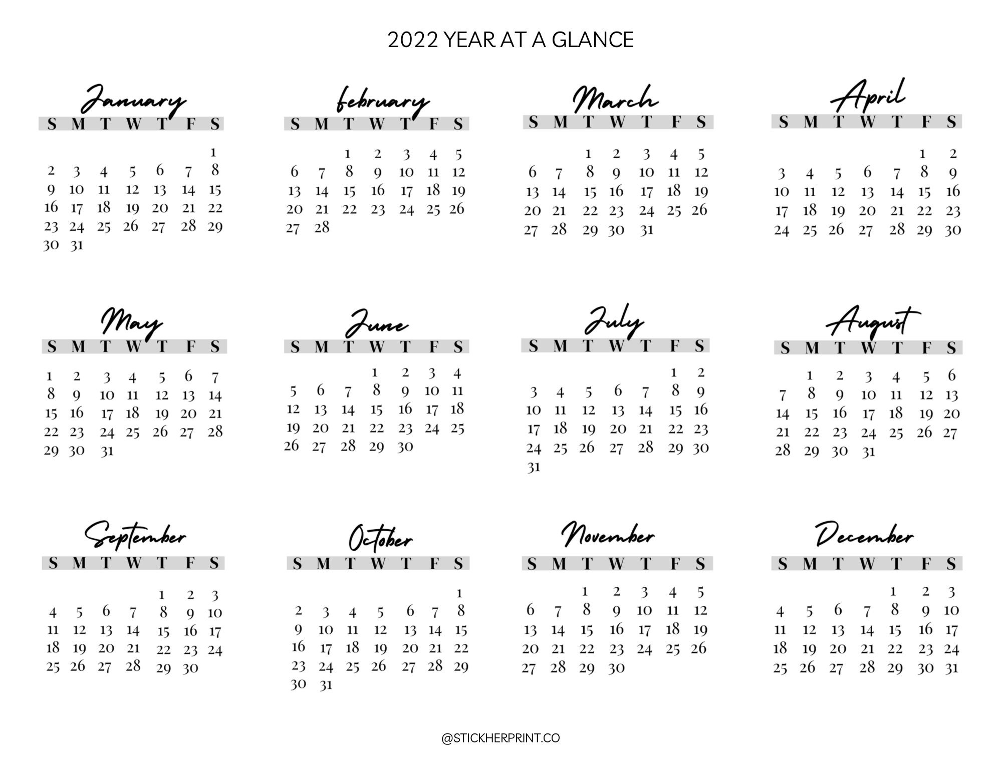 Free Printable Calendar Year At A Glance