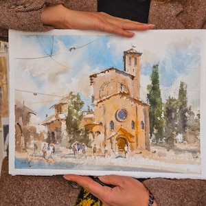 Original Aquarell-Gemälde – Italienische Architekturkunst – Venedig-Platz – Santo Stefano,Bologna – 26 x 36 cm