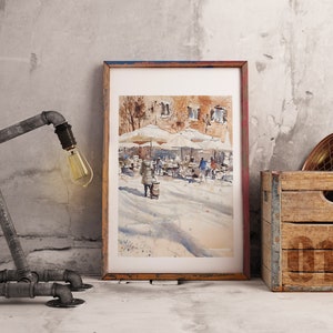 Rome, Italy, original watercolor painting, mercato di San Cosimato, city view, Architecture, Home Decor, italian view, Trastevere