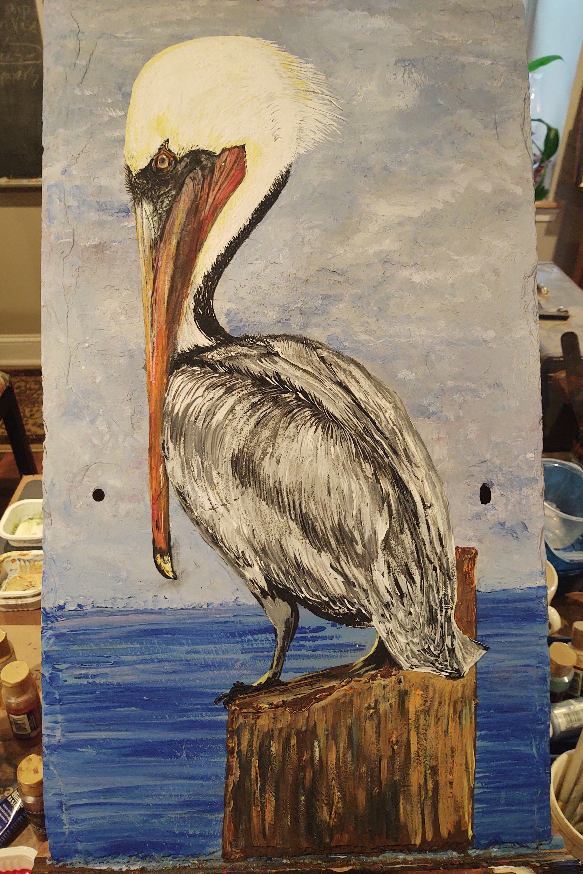 Pelican on Piling Painting on old roofing slate Pelican Etsy