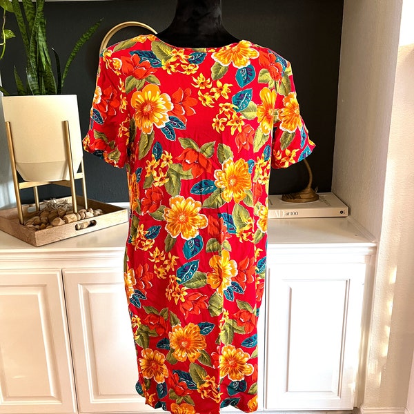 Vintage 90s Floral Tropical Dress, Sunshine Starshine Women's Dress size 12 bright Colors