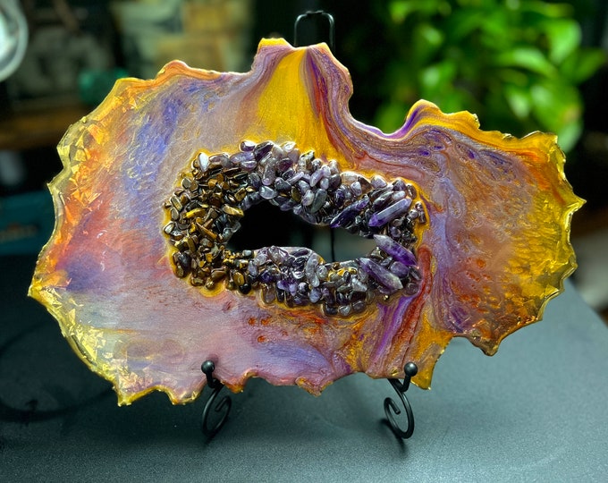 Featured listing image: Resin Geode Sculpture with REAL Amethyst & Tiger's Eye Crystals