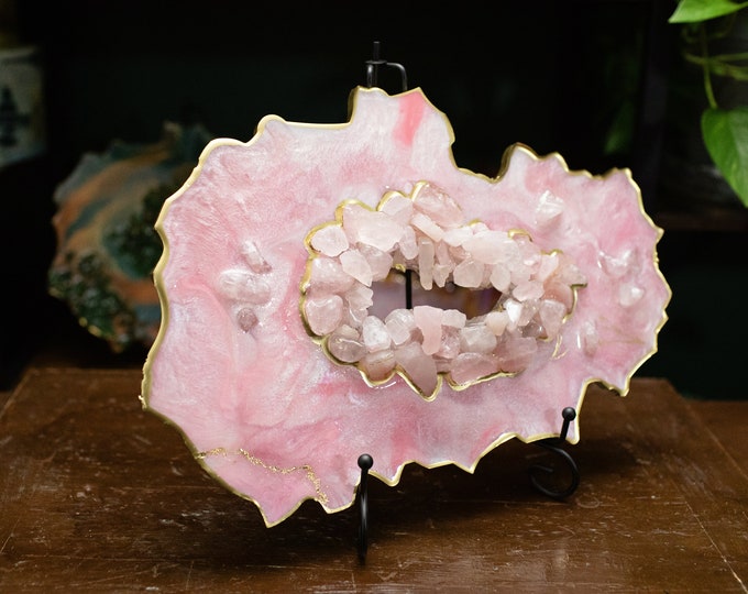 Featured listing image: Resin Geode Sculpture with Real/Natural Rose Quartz Crystals