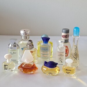 Può includere: Una collezione di bottiglie di profumo in miniatura di varie forme e colori. Alcune bottiglie hanno tappi argentati, blu o bianchi. Le bottiglie sono disposte su una superficie bianca, mostrando una varietà di fragranze.