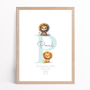 Babyposter - Geburtsdatenposter - Wanddeko - Kinderzimmer Dekoration - Personalisiert - Buchstabe - Tiere - Löwe -  blau
