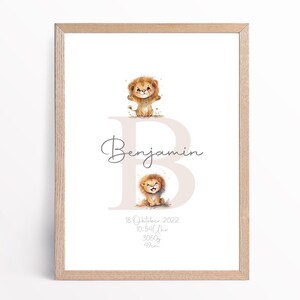 Babyposter - Geburtsdatenposter - Wanddeko - Kinderzimmer Dekoration - Personalisiert - Buchstabe - Tiere - Löwe - beige