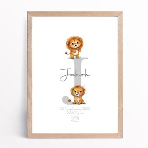 Babyposter - Geburtsdatenposter - Wanddeko - Kinderzimmer Dekoration - Personalisiert - Buchstabe - Tiere - Löwe - grau