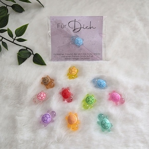 Könnte beinhalten: Eine Sammlung bunter, miniaturisierter Schildkröten-Anhänger in verschiedenen Farben, darunter Braun, Gelb, Rot, Grün, Blau, Rosa und Lila. Eine Karte mit dem Text "Für Dich" ist ebenfalls vorhanden.