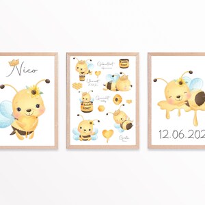 Babyposter - Geburtsdatenposter - Geburtstafel - Wanddeko - Kinderzimmer Dekoration - Personalisiert  - Tiere - Bienen - 3er Set
