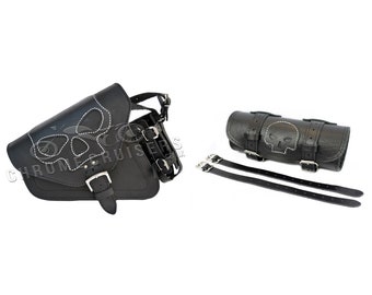 Sacoche de sacoche en cuir noir avec porte-bouteille amovible et trousse à outils en cuir noir Harley Davidson Sportster XL883 1200 - SKULL