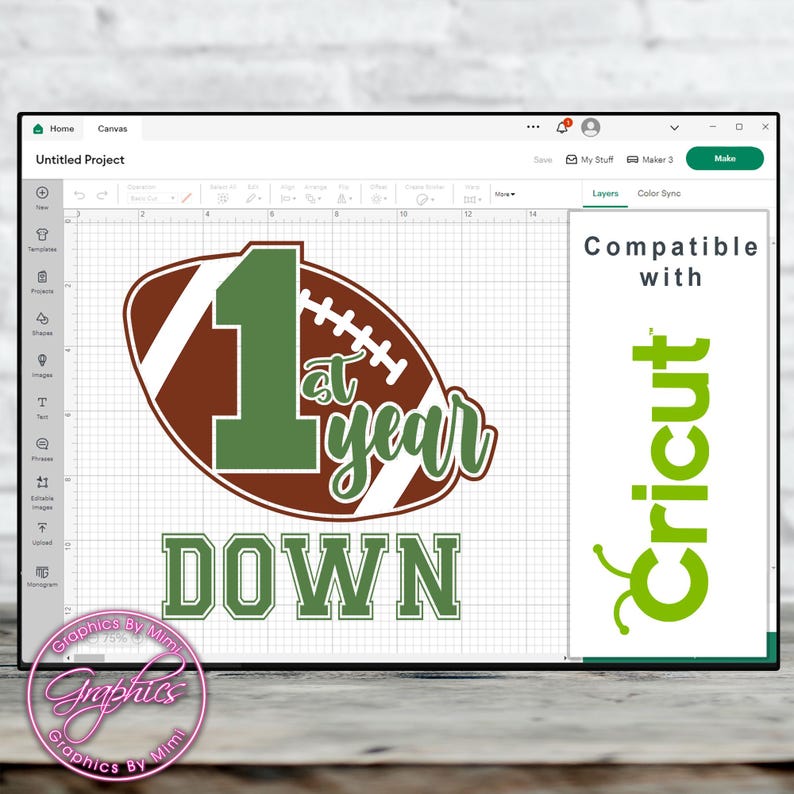 May include: A green and brown football with the number "1" and the text "at year DOWN" on it. The design is compatible with Cricut.