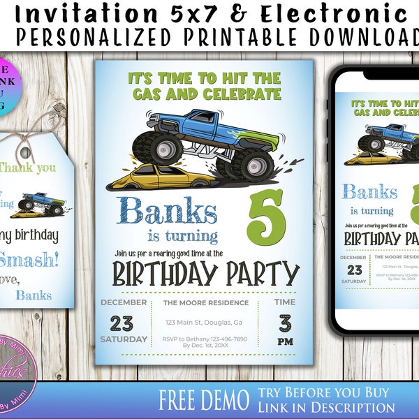 Monster Truck, Invitation d'anniversaire, Invitation numérique, Invitation imprimable, Invitations de camion, Monster Truck Party, Anniversaire de camion 4x4