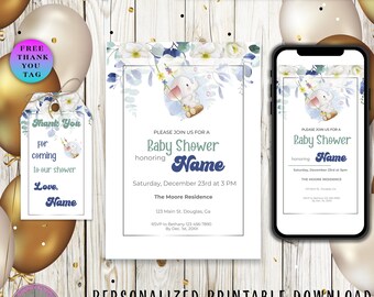 Baby Elephant, Baby Shower Invite, Editable Design, Phone Invitation, Baby Shower Bundle, Baby Shower Mobile, Baby Decorations P1488