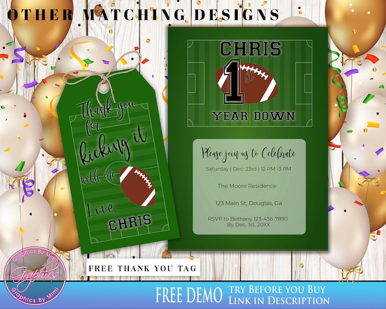 May include: Green and white football-themed thank you tag with the text "Thank you for kicking it with me. Love, Chris".