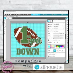May include: A green and brown football design with the number "1" and the text "at year down". The design is shown on a computer screen with a blue grid background. The design is compatible with Silhouette cutting machines.