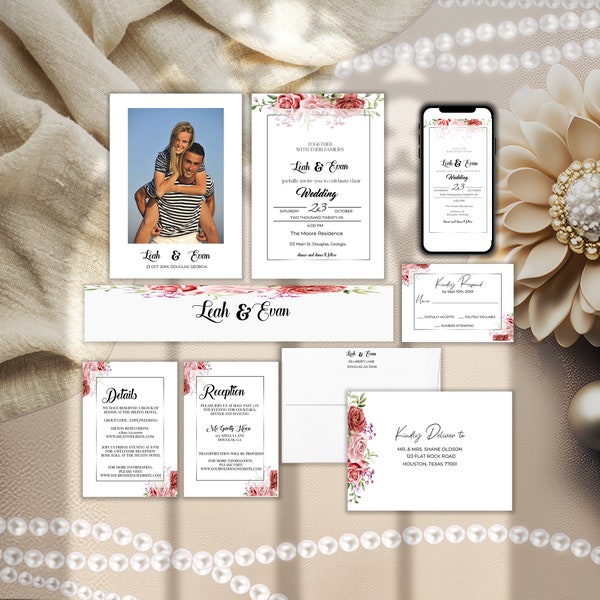 Blush Invitation, Wedding Pack, Digital Printable, Custom Invitation, 5x7 Invitation, Mobile Invitation, Wedding Belly Band W0361