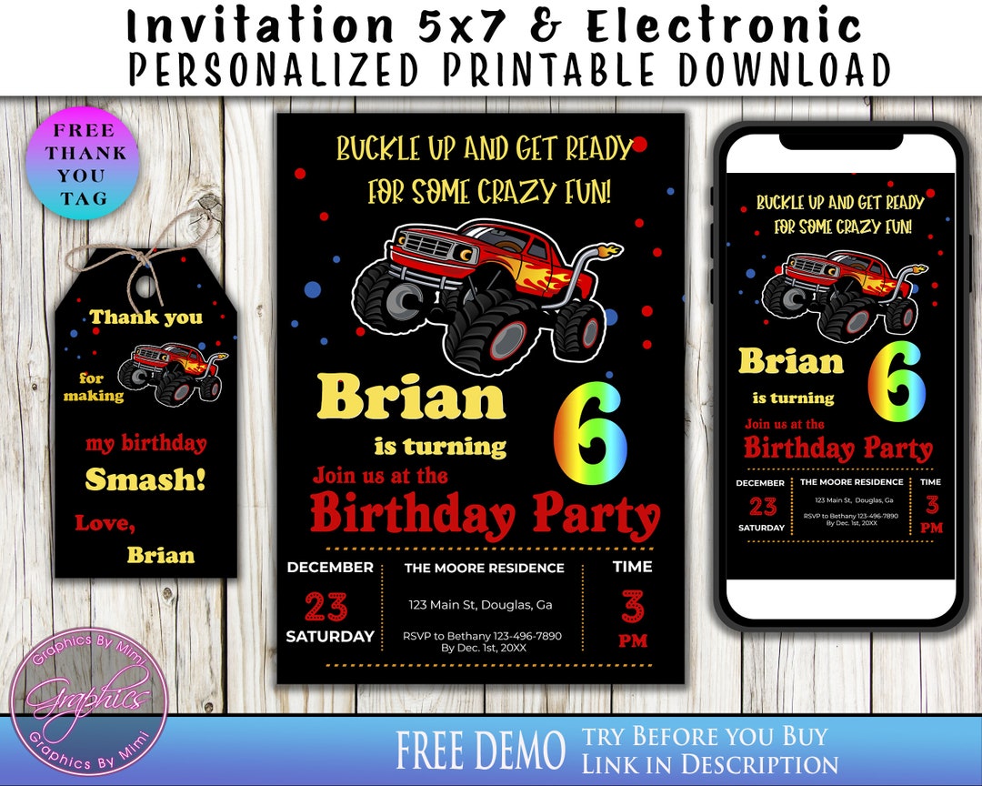 Monster Truck, Birthday Invitation, Digital Invitation, Printable ...