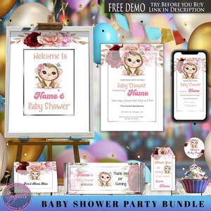 May include: A baby shower party bundle with a monkey theme. The bundle includes a welcome sign, invitation, thank you card, food label, cupcake topper, and a phone invitation. The colors are pink, white, and green.