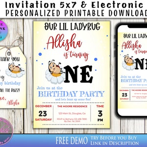 Our Lil Ladybug, Ladybug Theme Party, Ladybug Invitation, Ladybug Birthday, Template Download, Printable Invitation, Editable Design