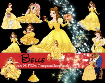 Puede incluir: Una colección de imágenes digitales con Belle de La Bella y la Bestia de Disney. Las imágenes muestran a Belle en varias poses, incluyendo con sus amigos animales y con su icónico vestido amarillo. Las imágenes son de 300 DPI y tienen un fondo transparente.