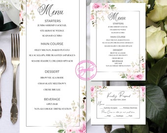 Roses Wedding Menu, Roses Floral Menu, Roses Wedding Rsvp, Roses Rsvp Template, Roses Rsvp Card, Roses Reception Menu, Roses Event Rsvp