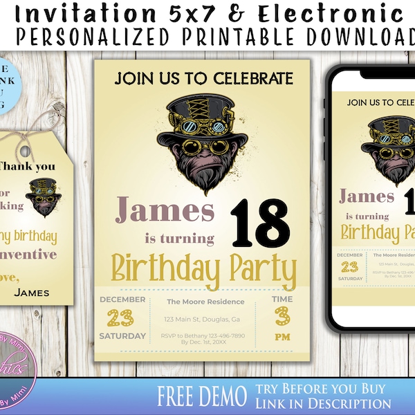 Gorilla Steampunk, Birthday Invite, Editable Design, Printable Birthday, Phone Invitation, Mobile Invitation, Electronic Invite, Mechanical